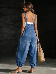 LUMIGAL Cold Shoulder Adjustable Strap Loose Washed Boho Denim Jumpsuit, Suitable For Daily Commute, Outings, Gatherings And Other Occasions - Blue - View 2