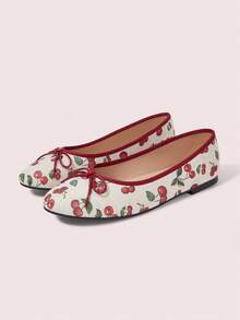CUCCOO DOLLMOD Women's Shoes, Cherry Print, Casual Flats With Bows, Ballet Shoes Fall Shoes - Burgundy 1 - View 2