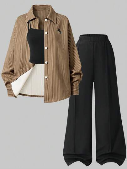SHEIN 3pcs Set Yellow Long Sleeve Striped Digital Print Shirt, Black Long Pants, Camisole, Suitable For Spring/Summer Outdoor Wear