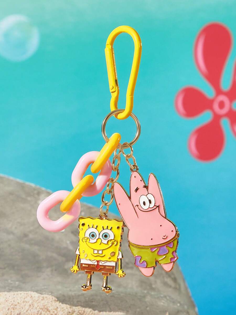 SpongeBob SquarePants | SHEIN 撞色壓克力鏈條卡通吊飾鑰匙圈,可愛雙吊牌包包掛飾 - 彩色 - 查看 1