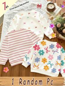 (1 Pieza Aleatoria) Sudadera de Cuello Redondo Básica con Rayas Frescas, Flores Coloridas y Lazo para Niña de Moda Otoño/Invierno - Multicolor - Ver 2