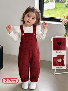 SHEIN Vintaside Kids 女嬰燈芯絨吊帶褲套裝，秋冬加厚保暖愛心刺繡吊帶褲 + 保暖刷毛針織內搭層，2件套，新款可愛女嬰服飾 - 酒紅色 - 查看 1