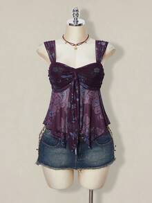SHEIN ICON 女款全印花百褶休閒日常穿搭上衣 - 紫色 - 查看 6