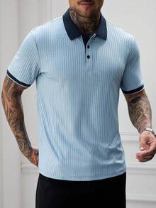 Manfinity Mode Camisa polo de manga corta con media abertura de botones y tejido acanalado para hombre - Azul - Ver 5