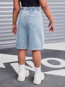 SHEIN Tween Girl Retro Washed Loose Fit Baggy Bermuda Denim Shorts With Slanted Pockets, Fall Streetwear - Light Wash - View 2