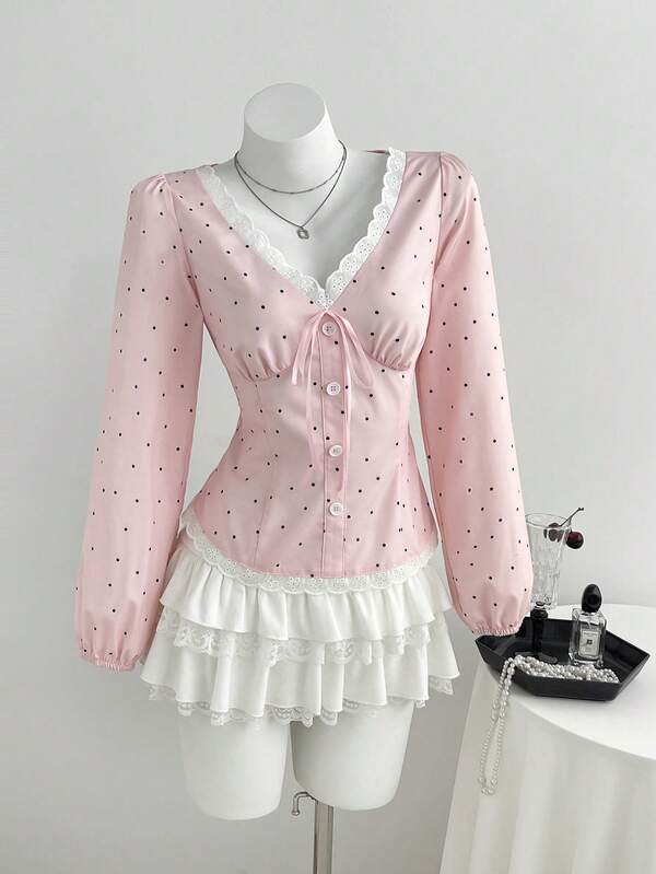 Elamini Summer Polka Dot Lace Trim V-Neck Long Sleeve Blouse