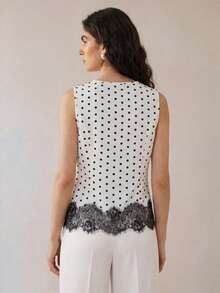 SHEIN Women's Polka Dot Cowl Neck Patchwork Lace French Elegant Sleeveless Top - Black and White - View 2