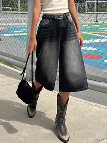 DAZY Teen Girls' Loose Fit Pocketed Wide Leg Cropped Denim Shorts - Black - View 7