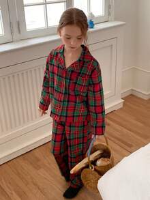 Dazy Kids Tween Girl Plaid Collared Single-Breasted Long Sleeve Top And Pants Loungewear Fall - Red - View 8