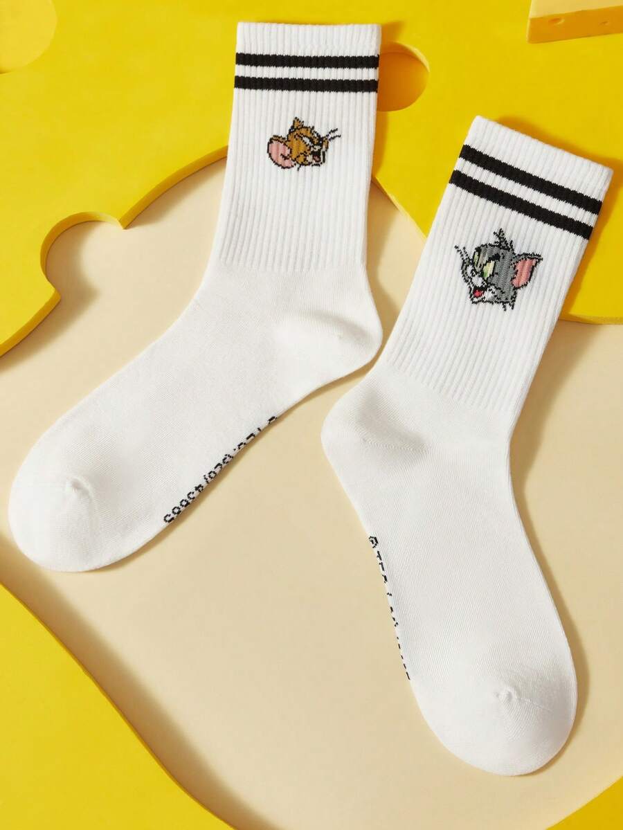 TOM & JERRY X SHEIN 1 Pack Of Cartoon Printed Valentine's Day Ladies Medium Tube Socks - White - View 1