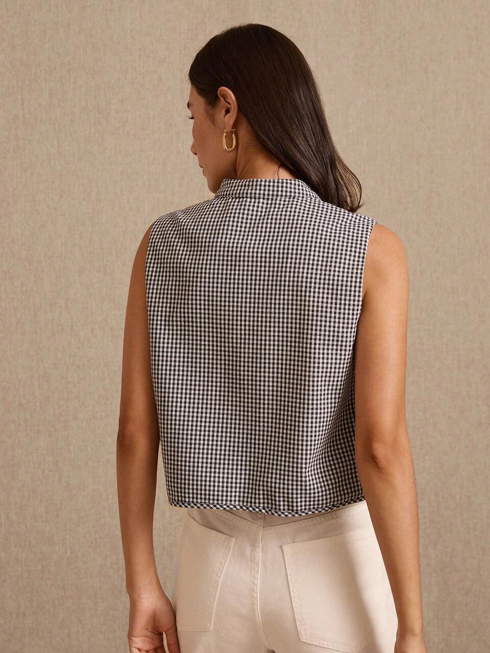 Blue Gingham Sleeveless Vest Top With Frog Closures And Relaxed Fit
