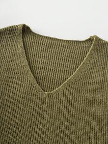 SHEIN Fall Winter Green Deep V Rib Knit Two Pieces Set, Oversized Lazy Sweater + Lace Hem Spliced Bodycon Knit Skirt, Vertical Rib Textured Casual Outfit - Army Green - View 3