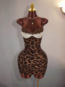 Amplova Y2K Sexy Lace Patchwork Sleeveless Bodycon Mini Dress With Brown Print, Adjustable Shoulder Straps, For Women Club Party Night Night Out Summer - Khaki - View 7