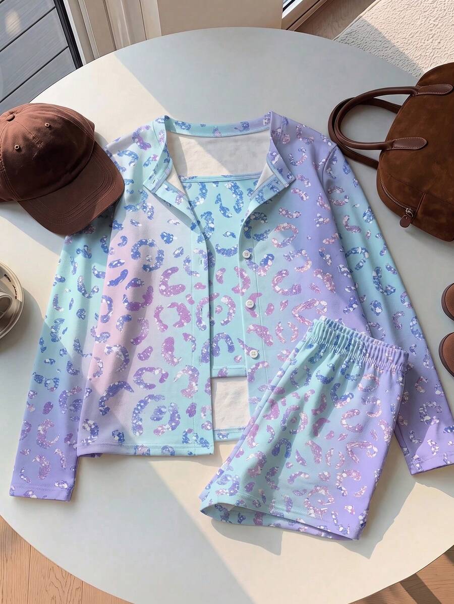 Tween Girl Leopard Print Long Sleeve Single-Breasted Top, Camisole And Shorts Casual Set - Multicolor - View 1