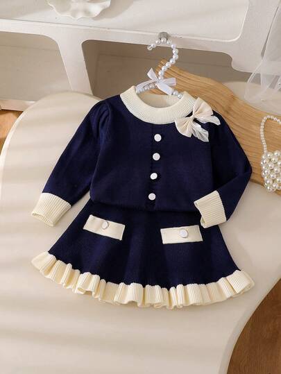 Souflis Baby Girls Sweater Co-Ords Sweet Heavy-Duty 3D Bow Ruffle Edge Knit Cardigan + Skirt 2-Piece Set Loose Versatile Elegant Gentle Cute Long Sleeve Sweater Set Suitable For Daily Wear, Travel, Outings, Autumn/Winter