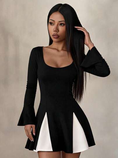 Vestido Corto Sensual Ajustado Bicolor con Cuello Redondo de Manga Larga para Mujer