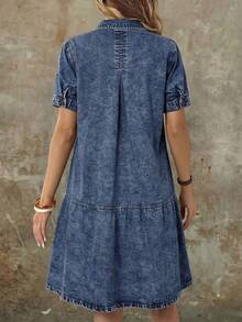 EMERY ROSE EMERY ROSE Women's Fashion Versatile Frog Button Short Sleeve Denim Dress Fall - Dark Wash - View 3