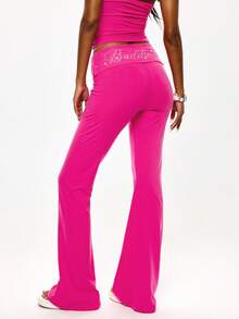 SHEIN BAE Women's Letter Rhinestone Flare Pants Night Out Night Party Night Party Date Night Going Out Pink Check Autumn Y2k 90s - Hot Pink - View 3