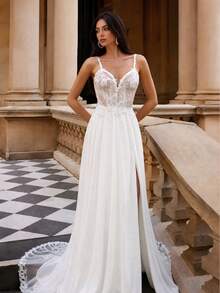 Firerie White,Summer,Elegant,Silky,Formal,Wedding Bride Luxurious Embroidery,Sequins,Lace & Chiffon Spliced Side High Slit, Open Shoulder Bridal Dress - White - View 8