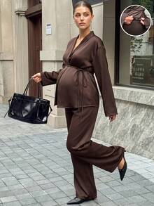 MaterniWear 孕婦純色長袖上衣與可調腰長褲 2 件套 優雅時尚性感休閒 秋季拍照棕色 - 棕色 - 查看 5