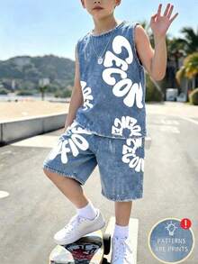 Young Boy Casual Minimalist Short Sleeve 2 Pieces Set Suitable For Spring/Summer With Cartoon Pattern - Multicolor - View 4