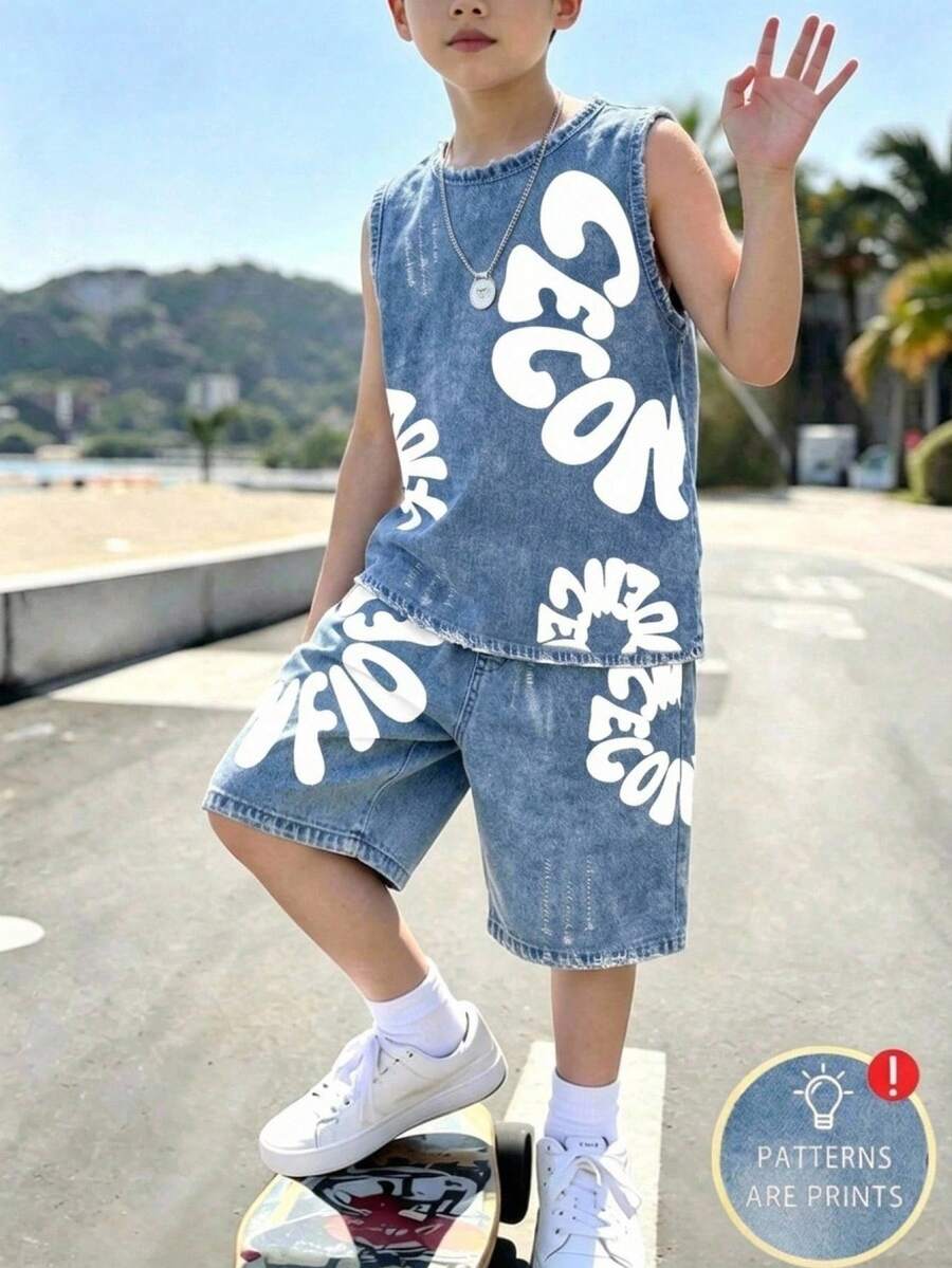 Young Boy Casual Minimalist Short Sleeve 2 Pieces Set Suitable For Spring/Summer With Cartoon Pattern - Multicolor - View 1