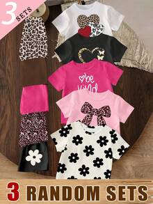 3 Random Item From 5 Summer Girls White Brown Black Pastel Pink Flower Leopard Pattern Bow Shaped Letter Printed Basic Short T+Shorts Set - Multicolor - View 1
