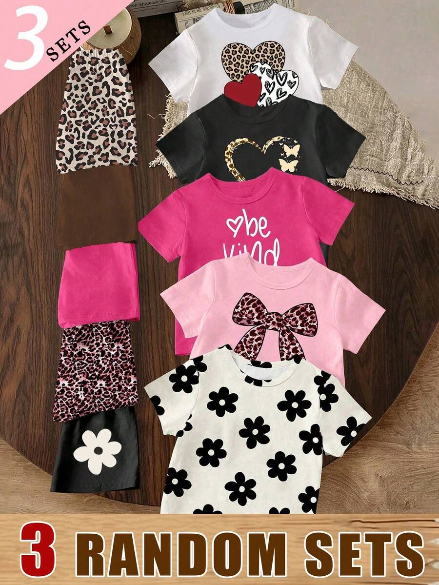 3 Random Item From 5 Summer Girls White Brown Black Pastel Pink Flower Leopard Pattern Bow Shaped Letter Printed Basic Short T+Shorts Set - Multicolor - View 1