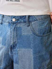 1pc Men's Vintage Washed Jacquard Patchwork Denim Cargo Shorts, Casual Street Style Denim Shorts - Blue - View 6