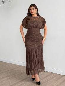 Modelyn Elegant Solid Color Lace Waist-Cinching Slim Fit Regular Spring/Summer Plus Size Dress - Coffee Brown - View 4
