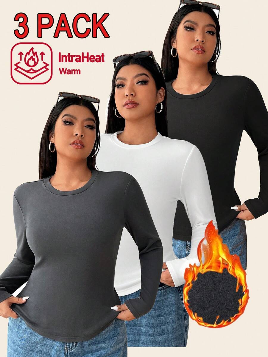 SHEIN EZwear 3 件/套大码女式天鹅绒保暖修身长袖 T 恤,多色保暖 - 彩色 - 查看 1