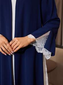 Yasmyna Deep Blue Lace Patchwork Full Skirt Long Abaya, Contrast Color Elegant Graceful Romantic Arabic Robe - Navy Blue - View 5