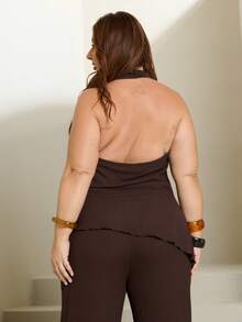 Lele Munniz Chocolate Brown Plus Size Women 2 Pieces Set: Halter Top & Pants - Chocolate Brown - View 2