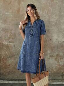EMERY ROSE EMERY ROSE Women's Fashion Versatile Frog Button Short Sleeve Denim Dress Fall - Dark Wash - View 4