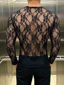 ZURIURI Men's Elegant Streetwear Sexy Casual Lace Sheer Long Sleeve T-Shirt Halloween Club Party Black Floral Autumn - Black - View 3
