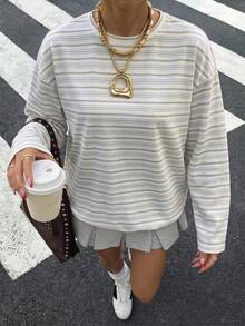SHEIN EZwear 女款條紋拼接色塊休閒百搭日常長袖T恤 - 彩色 - 查看 4