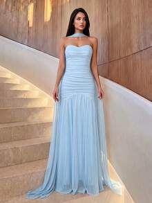 Firerie Elegant Glossy Tulle High Waist Ruched Mermaid Hem Backless Adjustable Tie Dress,Formal Party Dress For Wedding Guest Fall - Baby Blue - View 5