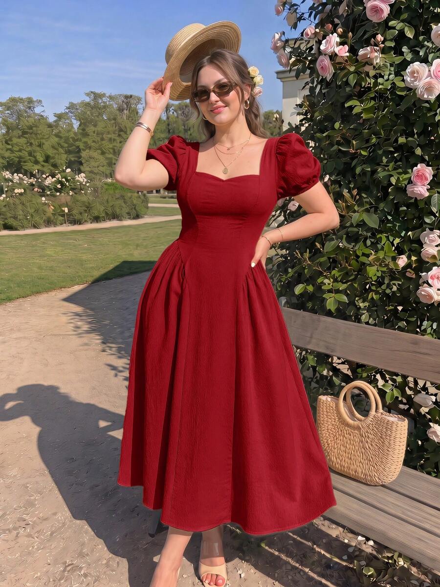 SHEIN MOD 大尺碼夏季黃色方領長洋裝,休閒度假、優雅日常、旅行穿搭,亮眼氛圍感,解構設計 - 紅色 - 查看 1