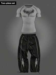 RISE LYT Setelan Olahraga Kasual Sehari-hari Pria: Atasan Lengan Pendek Motif Gothic dan Celana Panjang Pinggang Serut - Grey - View 1