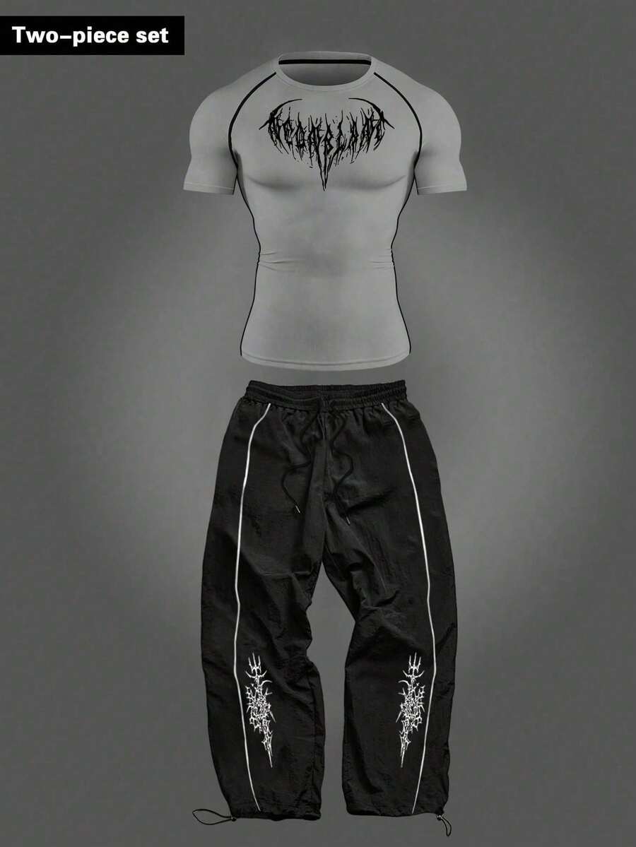 RISE LYT Setelan Olahraga Kasual Sehari-hari Pria: Atasan Lengan Pendek Motif Gothic dan Celana Panjang Pinggang Serut - Grey - View 1
