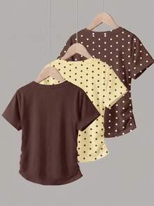 Tween Girls Simple Casual Ruched Waist Cartoon Print 3-Piece T-Shirt Set Suitable For All Seasons - Multicolor - View 2