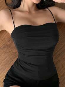DAZY Self-Padded Ruched Design Fitted Camisole Tank Top Crop Women Tops - Black - View 6