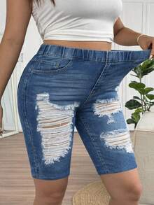 SHEIN Frenchy Mother's Day Plus Size Blue Denim Effect Ripped Pattern Casual Leggings, Suitable For Summer - Blue - View 5