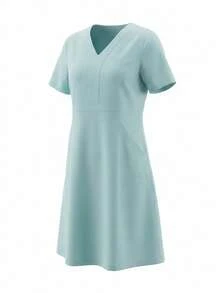 TaskEZ Mint Green V-Neck Short Sleeve Double Pocket Convenient Minimalist Fresh Scrub Uniform Nurse Dress - Cadet Blue - View 8