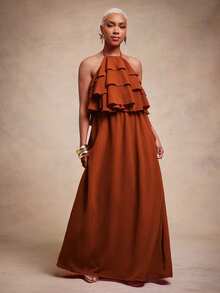 Vixey Solid Chiffon Fully Lined Tiered Ruffle Flowy Halter Neck Maxi Dress, Casual Dress - Orange - View 3