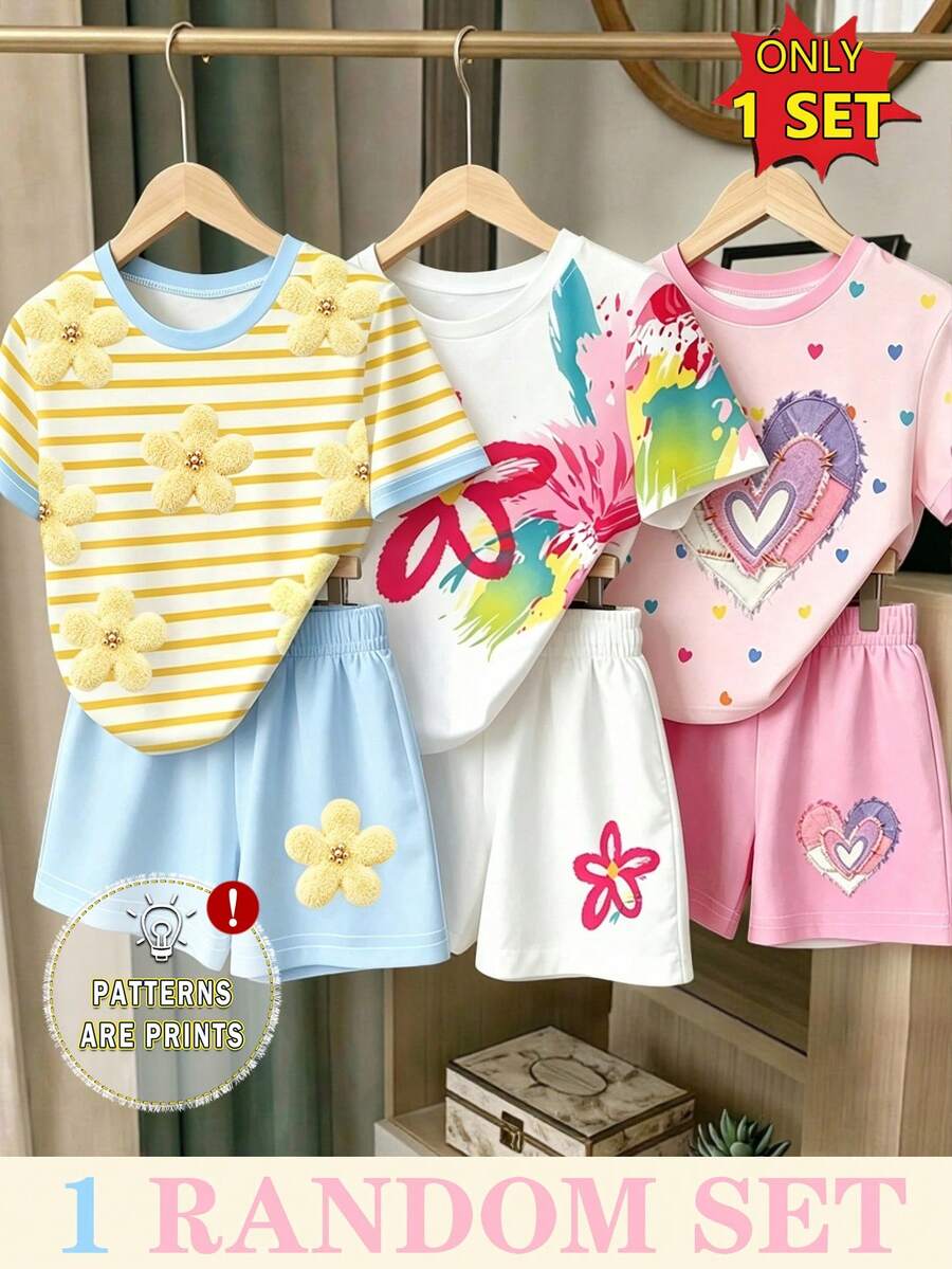 (隨機3款,發送1套)夏季女童幼兒清新彩色花卉愛心拼接黃色條紋花朵圖案印花休閒基礎短袖T恤短褲套裝 - 彩色 - 查看 1