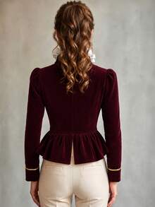 LUMIGAL Elegant Court Style Luxury Commuter Velvet Dark Red Burgundy Blazer, Cinched Waist Flared Hem, Long Sleeve Jacket, Spring/Autumn - Red - View 3