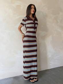 Aloruh 女款鈕扣半開襟短袖休閒條紋長洋裝 - 彩色 - 查看 8