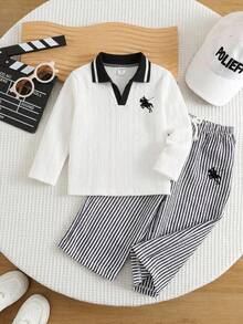 SHEIN Kids Young Boy Casual Daily Textured Collar Pullover White Long Sleeve Loose Knit POLO Shirt Suitable For Commuting School Daily Casual Outings Suitable For Sports Suitable For Spring And Summer - White - View 1