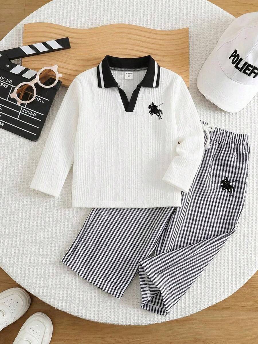 SHEIN Kids Young Boy Casual Daily Textured Collar Pullover White Long Sleeve Loose Knit POLO Shirt Suitable For Commuting School Daily Casual Outings Suitable For Sports Suitable For Spring And Summer - White - View 1